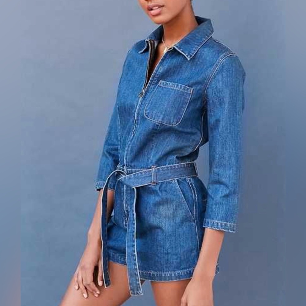 BDG Size M Denim Jean Zip Up Romper with Tie Waist 3/4 Sleeve Collar